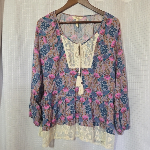 Matilda Jane Tops - Matilda Jane Pink & Blue Floral Lace-Front Boho Tunic Size Large